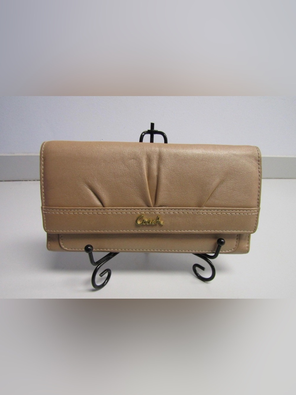 Coach Golden Beige Leather Fold-Over Clutch with Gold Logo